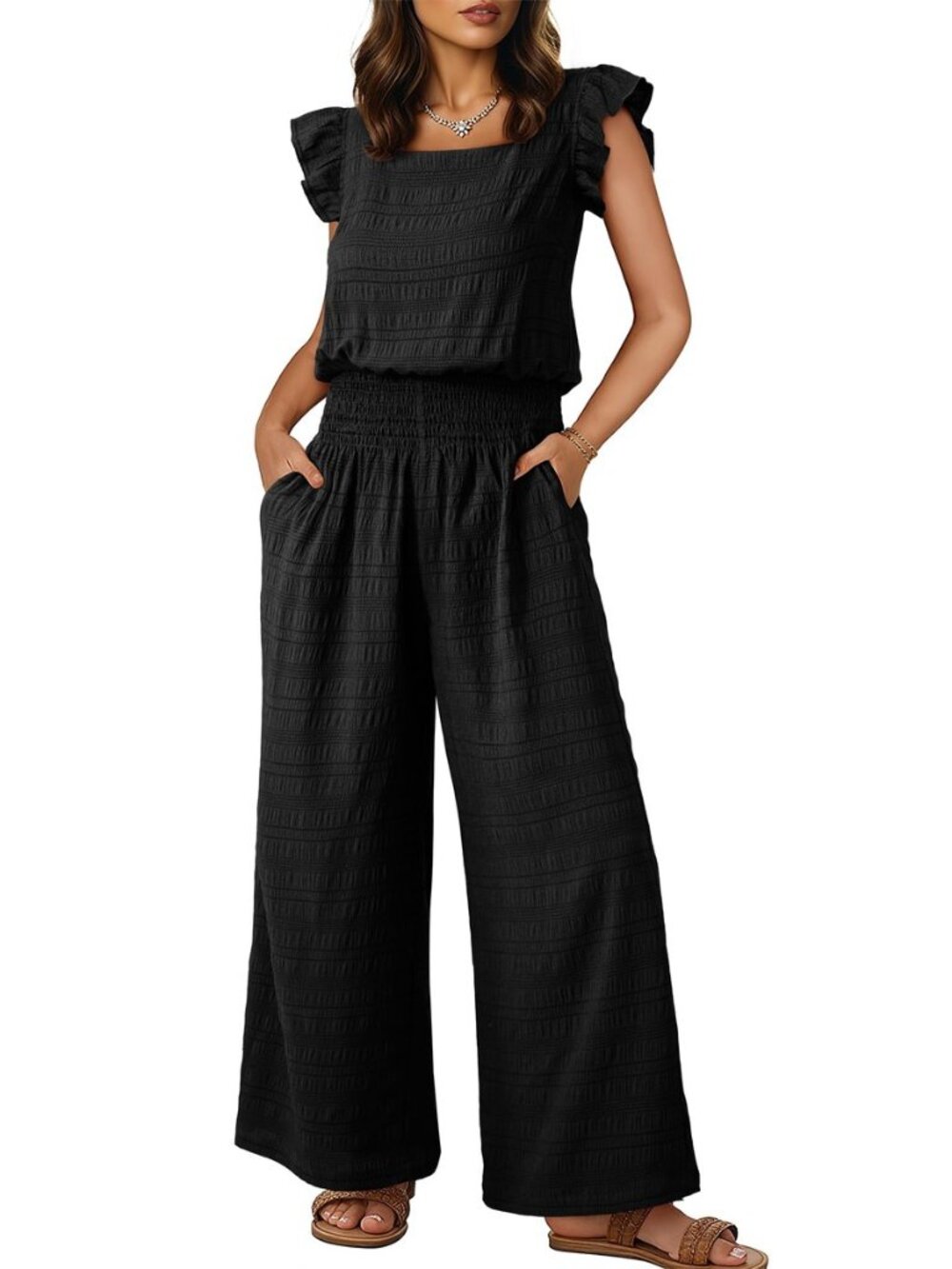 Women's Casual Loose Overalls Jumpsuits One Piece Short Sleeve Wide Leg Smocked